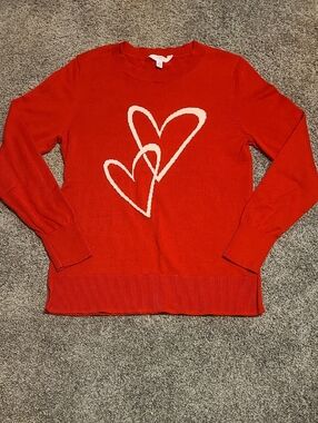 Time and Tru Red Crewneck Sweater with White Heart Motif
